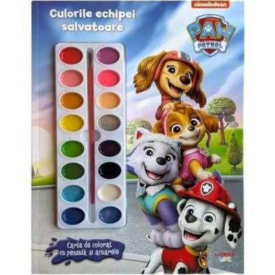 Patrula Catelusilor. Culorile echipei salvatoare. Carte de colorat cu pensula si acuarele